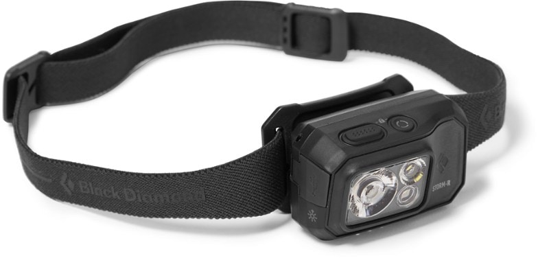 Black Diamond Storm 500-R headlamp illuminating a hiking path at night.