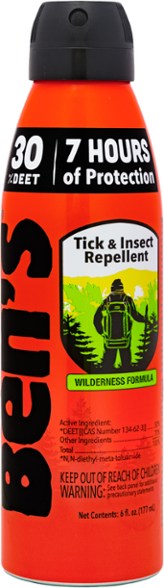 Close-up of Ben's 30% DEET Eco-Friendly Insect Spray in a camping setting.