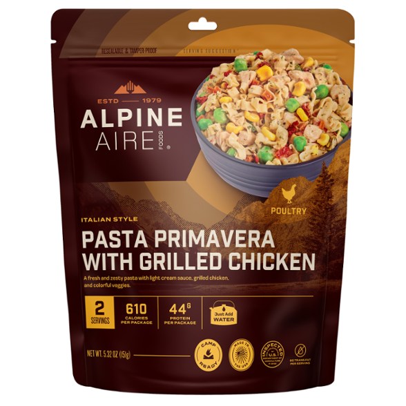 Top-down view of freeze-dried pasta primavera with grilled chicken in pouch