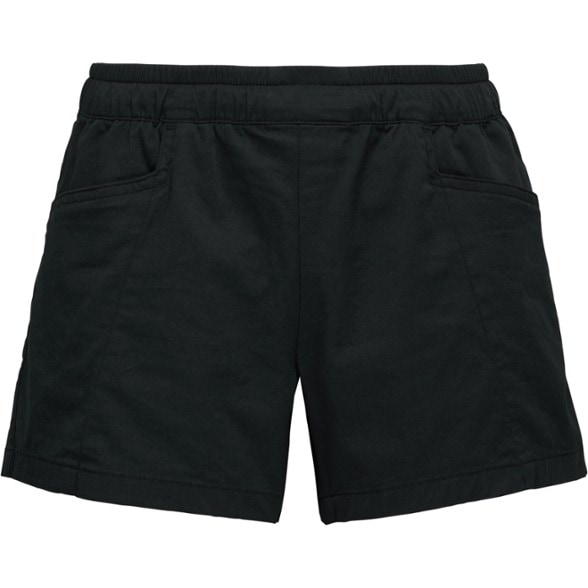 Front view of women's high-rise workout shorts in organic cotton, ideal for climbing and hiking