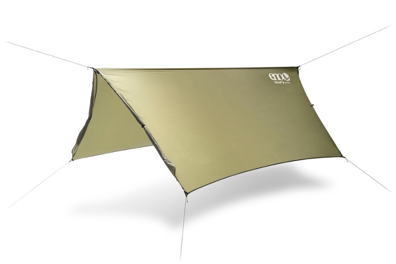 The ENO HouseFly Deluxe rain tarp set up over a hammock, showcasing its waterproof features.