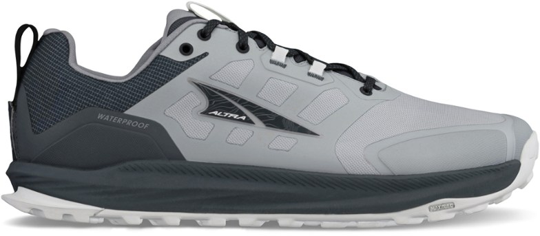 Side view of Altra Lone Peak 9 waterproof hiking shoes showing durable mesh and reinforced heel, ideal for men's outdoor activities