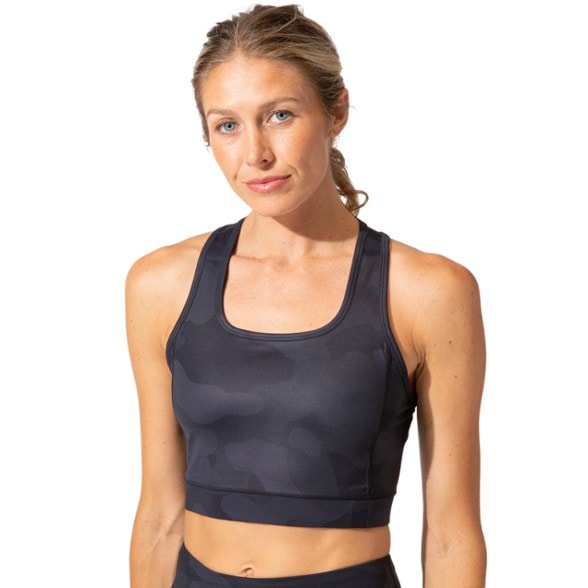 Front view of affordable camo print sports bra for workouts featuring racerback and thick straps