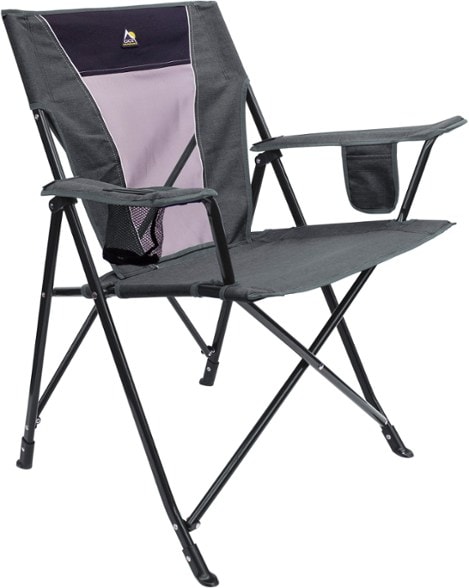 Comfort Pro chair setup at a tailgate event, showcasing its cup holder and phone sleeve.