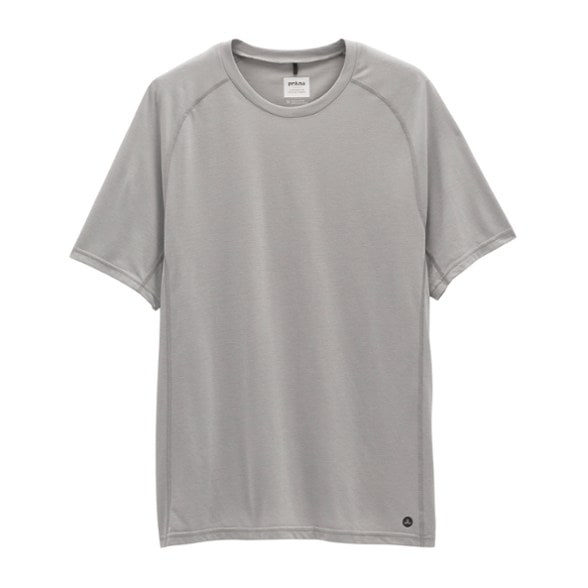 Front view of men's t-shirt in motion during yoga workout outdoors.