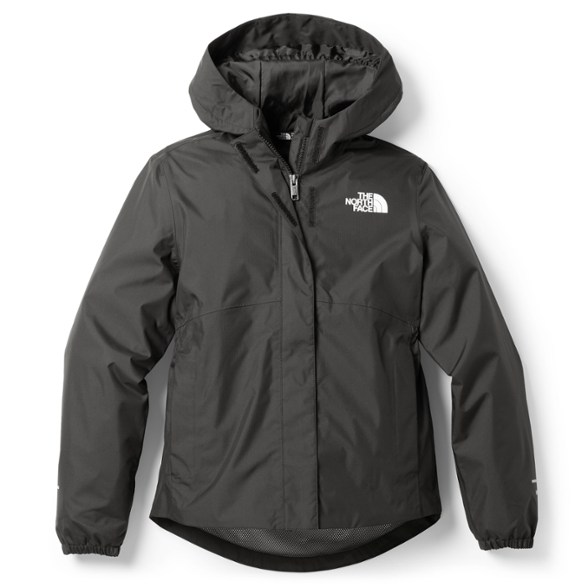 Eco-Friendly Antora Girls' Rain Jacket in action on a rainy day showing off its waterproof features.