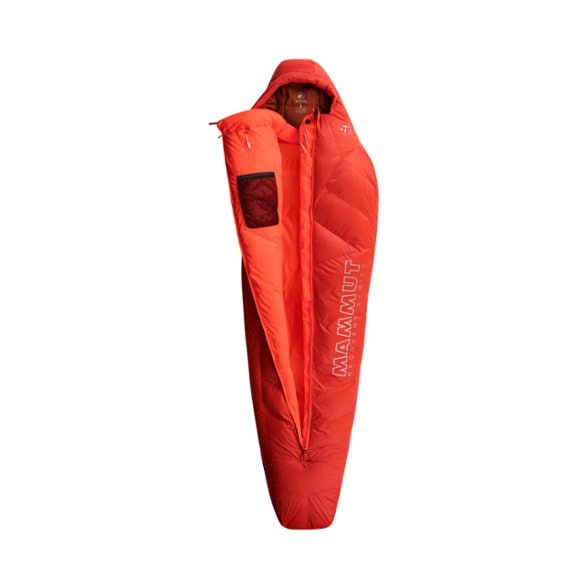 Mammut Perform Down sleeping bag in a tent, demonstrating its mummy shape and zipper features.