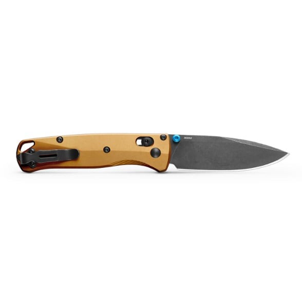 Close-up view of Benchmade Bugout Tactical Folding Knife showcasing M390 stainless steel blade.