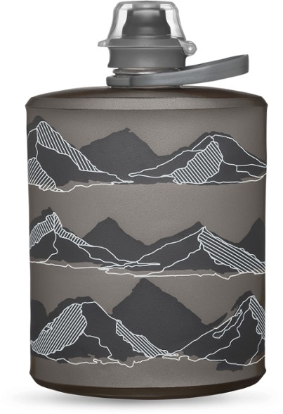 HydraPak Mountain Stow collapsible water bottle in use during hiking.