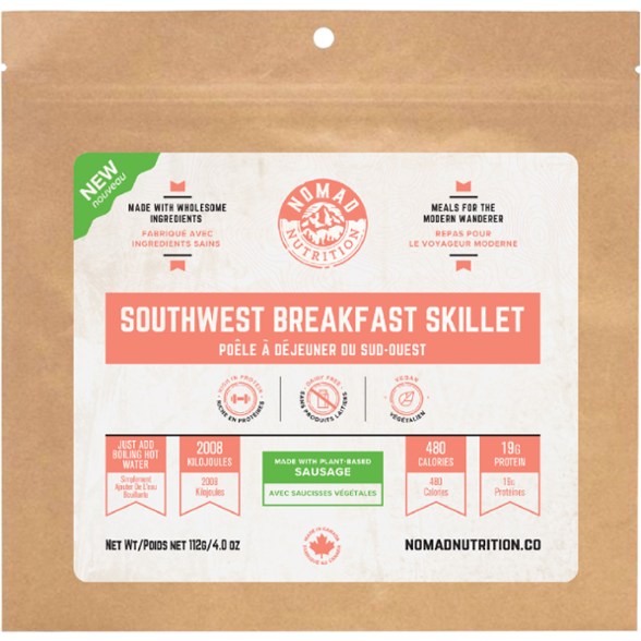 Nomad Southwest Skillet package on a camping table in morning light – dehydrated vegan breakfast meal