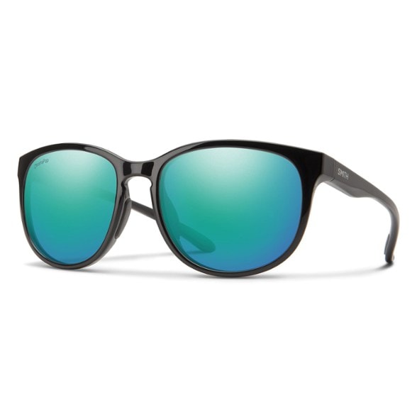 Close-up of Smith Lake Shasta sunglasses showcasing ChromaPop polarized lenses in outdoor setting.