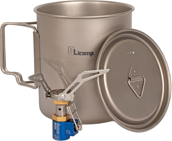 Titanium Ion Camping Stove with Space Saver Mug set in outdoor setting