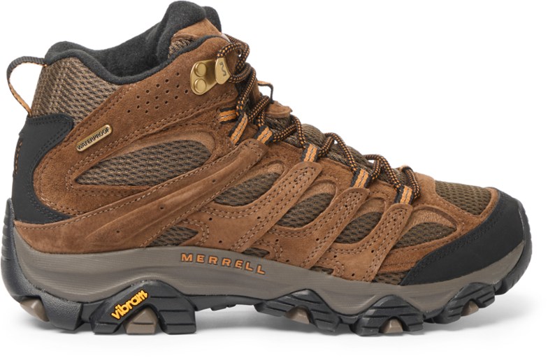 Side view of Merrell Moab 3 Mid waterproof trail boots for hiking showing ankle support and pig suede leather