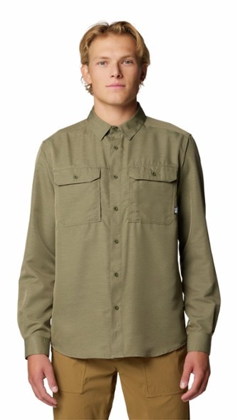 Front view of men's quick-drying hiking shirt with sun-protective collar and zippered chest pocket
