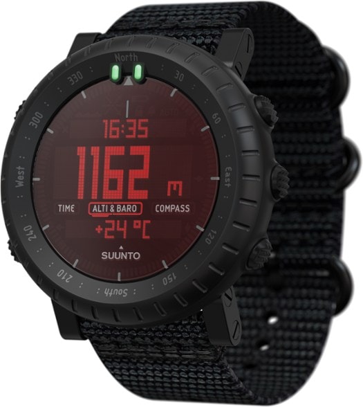 Side view of Core Alpha Stealth military-grade tactical watch showing durable textile strap and digital display with altimeter reading