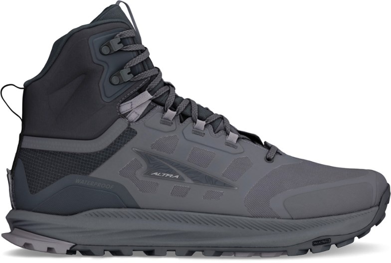 Altra Lone Peak 9 hiking boots showcasing waterproof design from the side view.