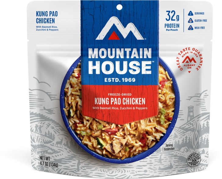 Mountain House Kung Pao Chicken meal pouch showcasing its vibrant packaging and quick prep instructions