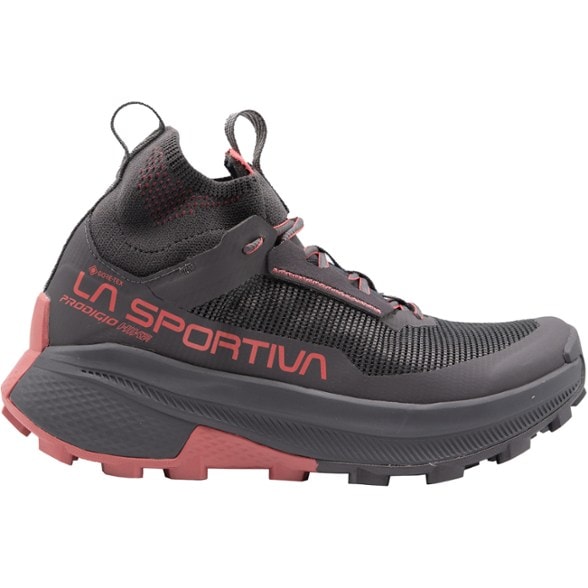 Prodigio Women's GTX Hiking Boots showcasing the durable upper and rubber toe cap from a side angle.