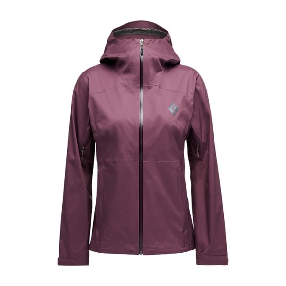 Black Diamond Women's Fineline Stretch Waterproof Jacket shown in action during a rainstorm.