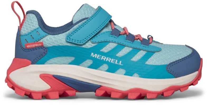 Merrell Moab Speed 2 Low A/C Kids' waterproof hiking shoes from the side, showcasing the bungee lace closure and rubber outsole.