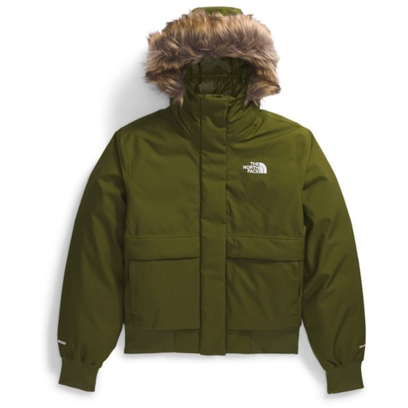 Front view of the Arctic Luxe women's winter bomber jacket with faux fur hood, ideal for cold weather.