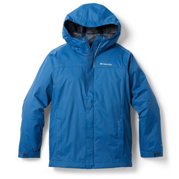Columbia boys rain jacket showcasing the waterproof fabric and adjustable hood