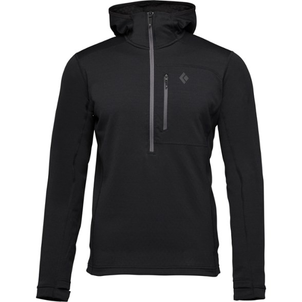 Front view of Alpine Glide thermal hoody with quarter zip and thumbholes, perfect for winter sports layering