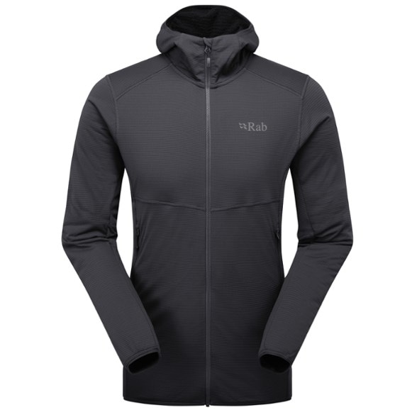 Rab Evolute Men's Thermal Hoodie front view in a mountainous landscape.