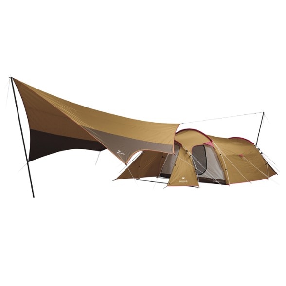 Wide-angle front view of TrailNest tent fully pitched with connected tarp under afternoon sun