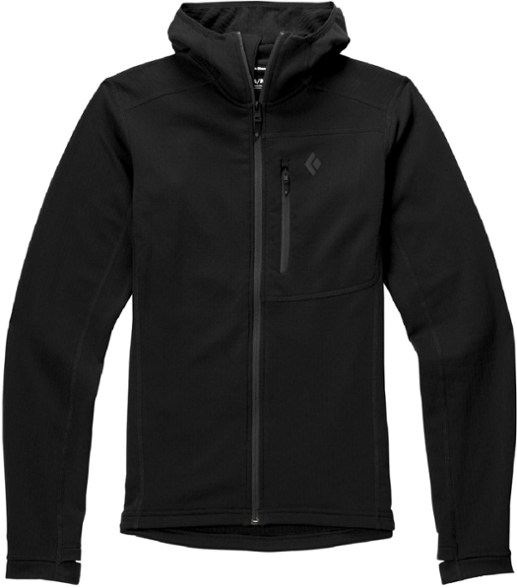 Men's fleece hoody in action during a ski tour, showcasing its lightweight design and breathability.