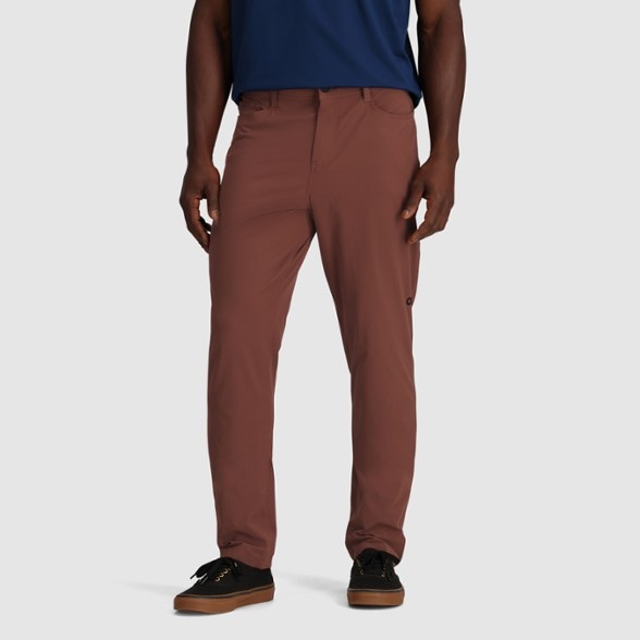 Front view of Ferrosi Transit slim outdoor pants for men, showing tapered fit and durable fabric ideal for travel