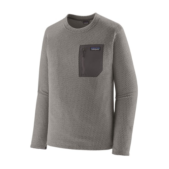 Front view of Patagonia Men's R1 Air Crew Fleece Pullover in action during hiking.