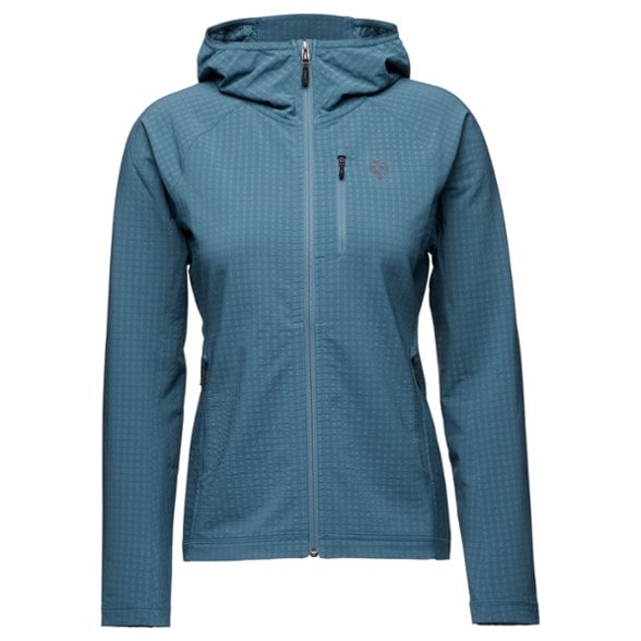 Black Diamond Women's Packable Storm Hoody showcasing its breathable fabric during a snow hike.