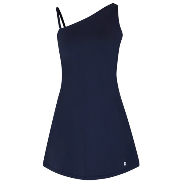 Front view of the versatile asymmetric workout dress, showcasing its modern design and supportive built-in shorts.