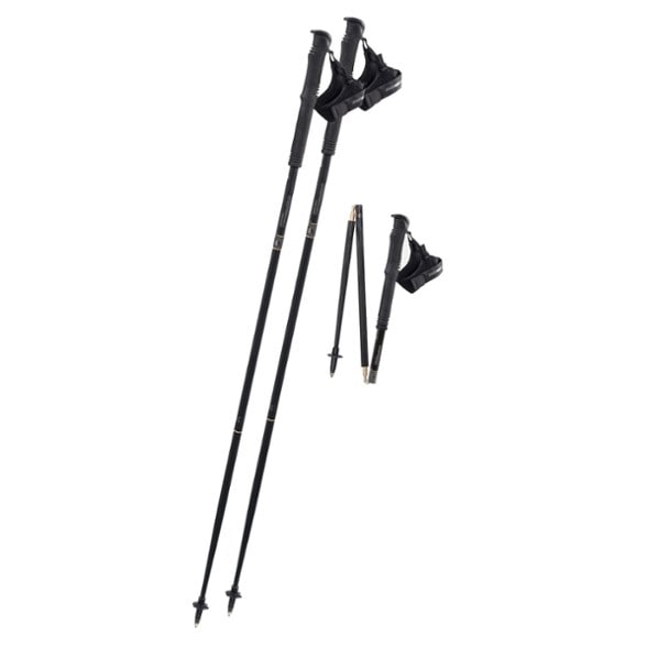 Side angle of TrailMaster carbon trekking poles showing foldable FXP mechanism and padded grip