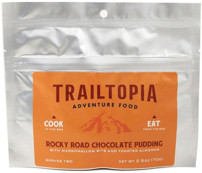 Trail Bliss Rocky Road Chocolate Pudding with mini marshmallows and almonds - perfect for camping adventures.