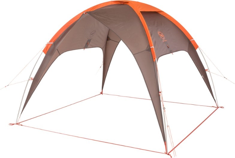 Big Agnes Sage Canyon Portable Shelter set up at a campsite with mountains in the background, showcasing its spacious interior.