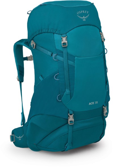 Osprey Ace 38 backpack for kids, showcasing adjustable torso length and AirSpeed suspension.