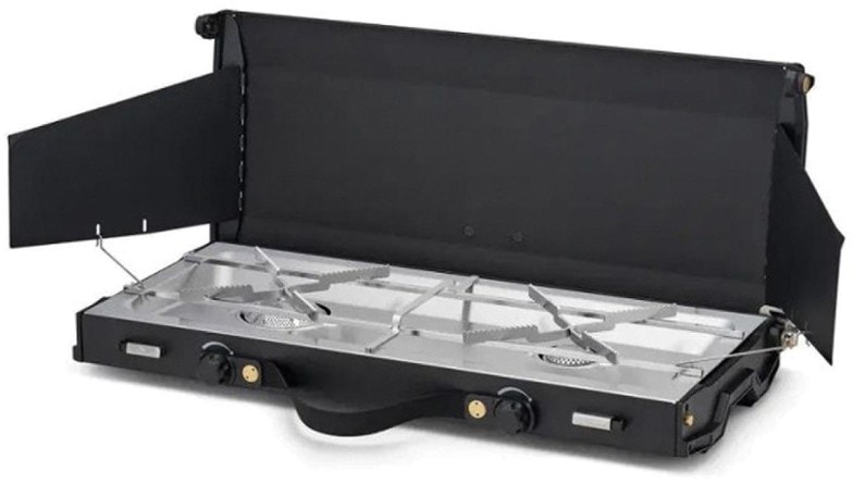 Alika portable 2-burner camp stove from the side view, showcasing its compact design.