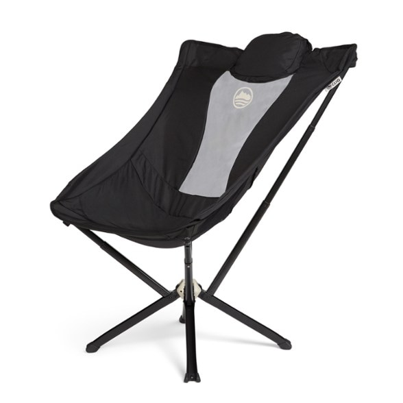 EpiQ Comfort Lounge Chair with head pillow at a campsite, highlighting its adjustable recline feature.
