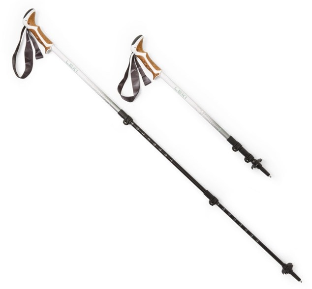 Side profile of Leki JannuLite women's trekking poles showing collapsed position and grip detail.