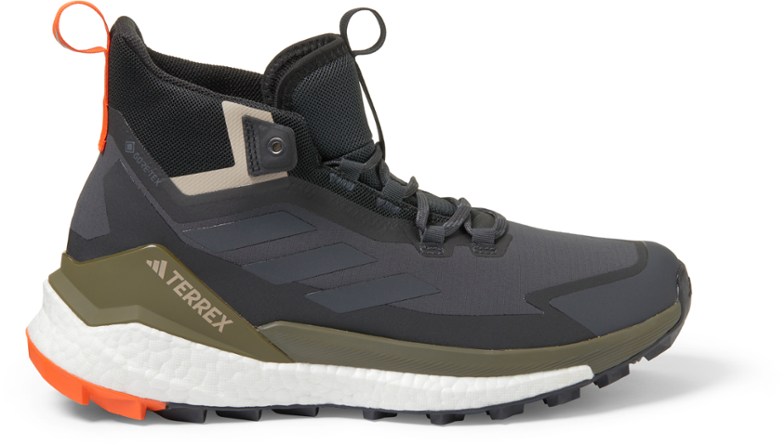 Side view of Adidas Terrex Free Hiker GORE-TEX hiking shoes showing breathable waterproof uppers