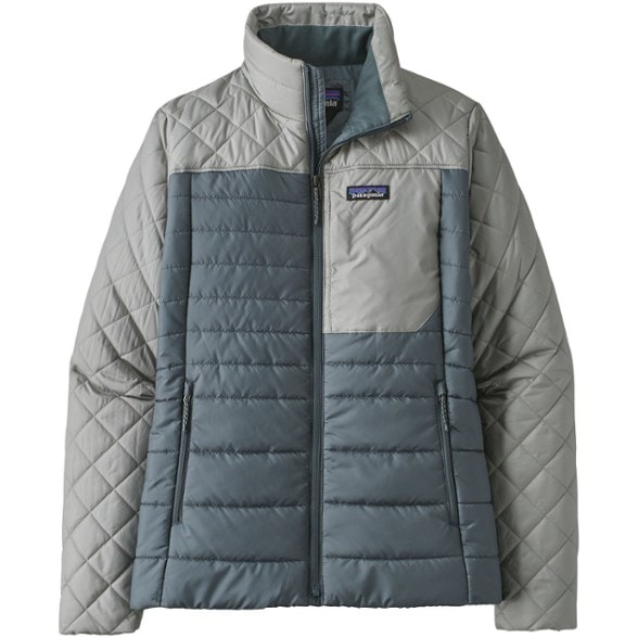 Front view of Patagonia insulated jacket showing sporty quilted stitching and high collar.