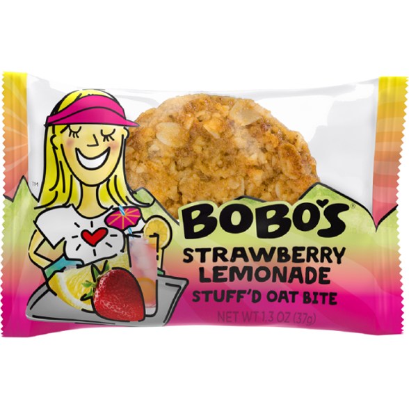 Bobo's Energy Oat Bites in a bowl, showcasing the soft texture and fruity filling.