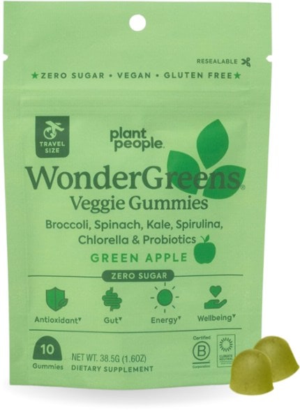 Front view of GreenCharge veggie gummies bottle showing nutritional label for probiotic and vitamin D content
