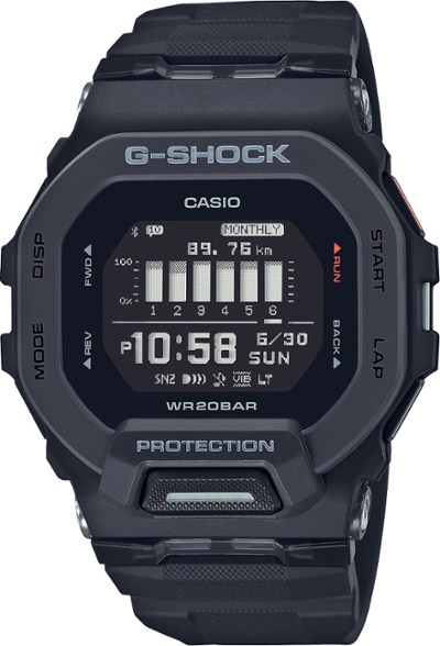 Close-up of the SlimRunner G-Shock watch face showing step tracker during mid-run.