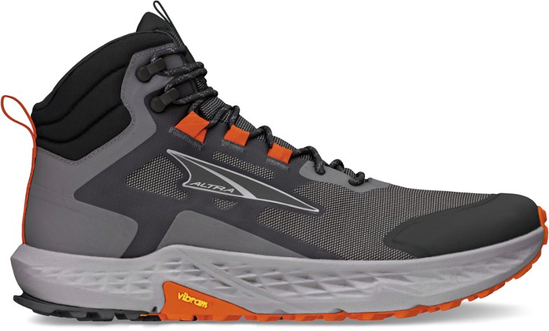 Closeup of Altra Timp boots showing Vibram Megagrip outsole for enhanced traction