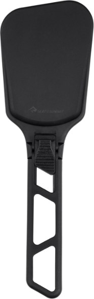 A close-up of the folding spatula showcasing its glass-reinforced nylon material and ergonomic handle.