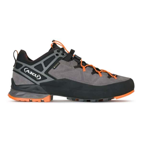 Side view of Rock DFS II GTX waterproof climbing shoes showcasing durable suede leather uppers and Vibram sole