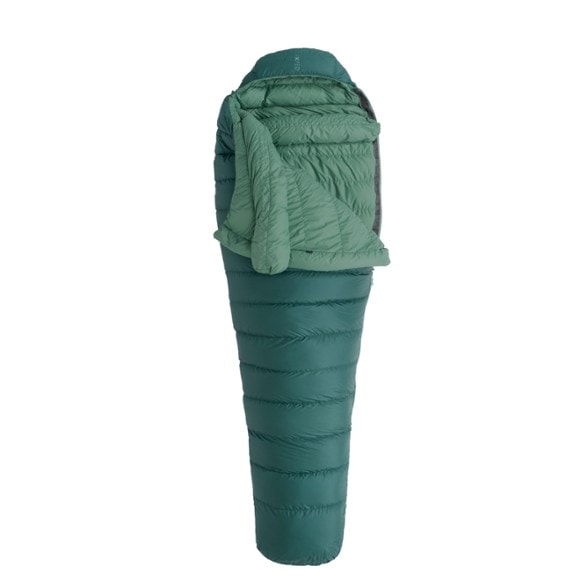 Exped Comfort 30F sleeping bag displayed outdoors, showcasing its hood and footbox design.